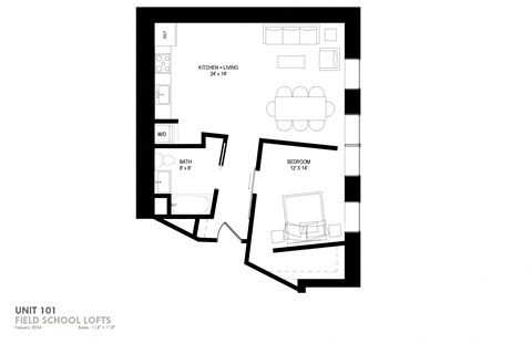 Floor plan for 1 bed, 1 bath, 710 sqft
